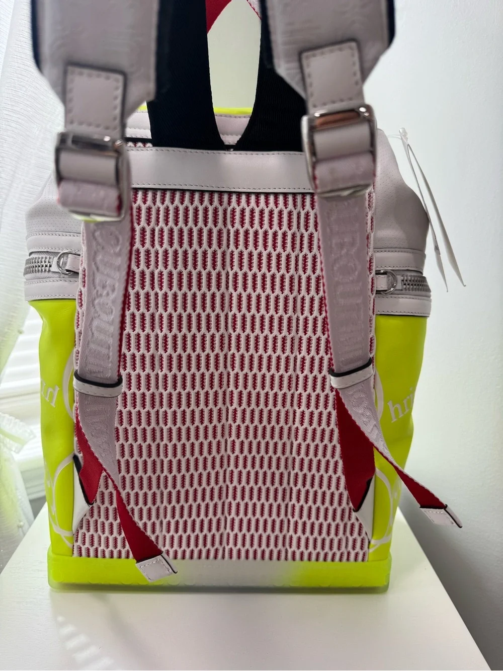 Christian Louboutin White and Neon Yellow Drawstring Backpack